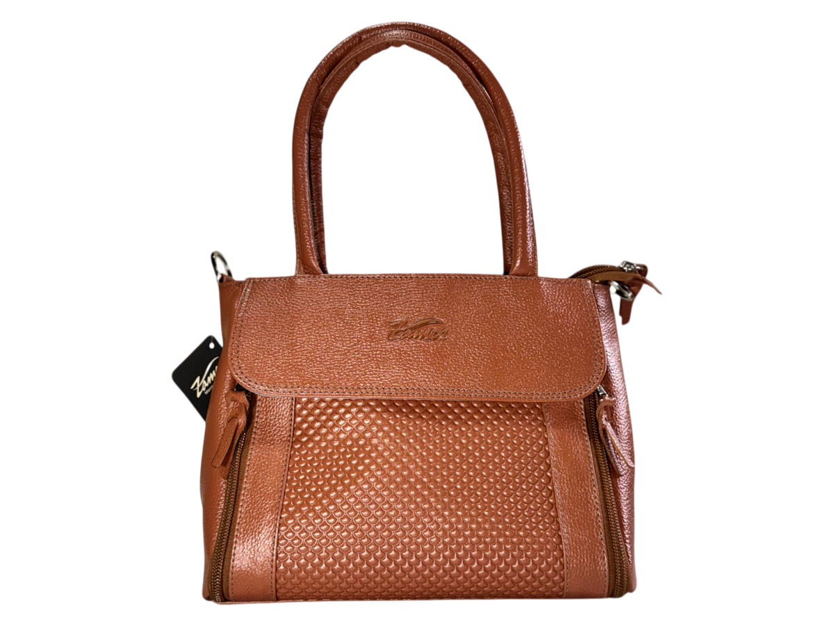 Bolso de cuero natural dama – Cognac - Rojo, con solapa y textura honeycomb