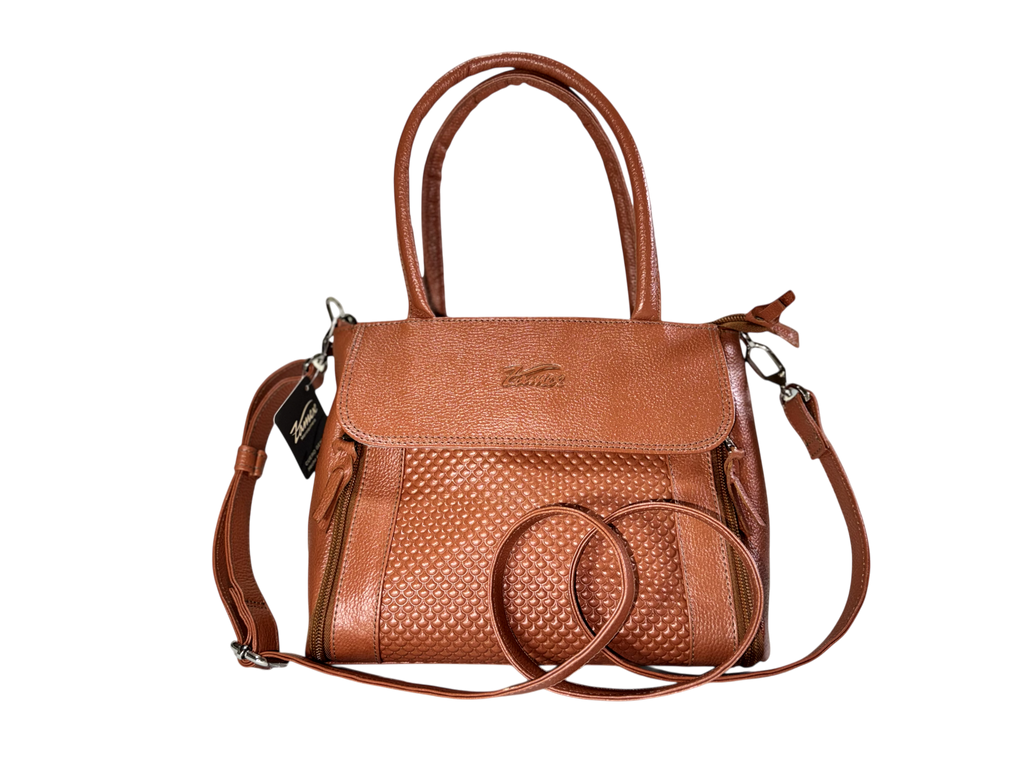 Bolso de cuero natural dama – Cognac - Rojo, con solapa y textura honeycomb