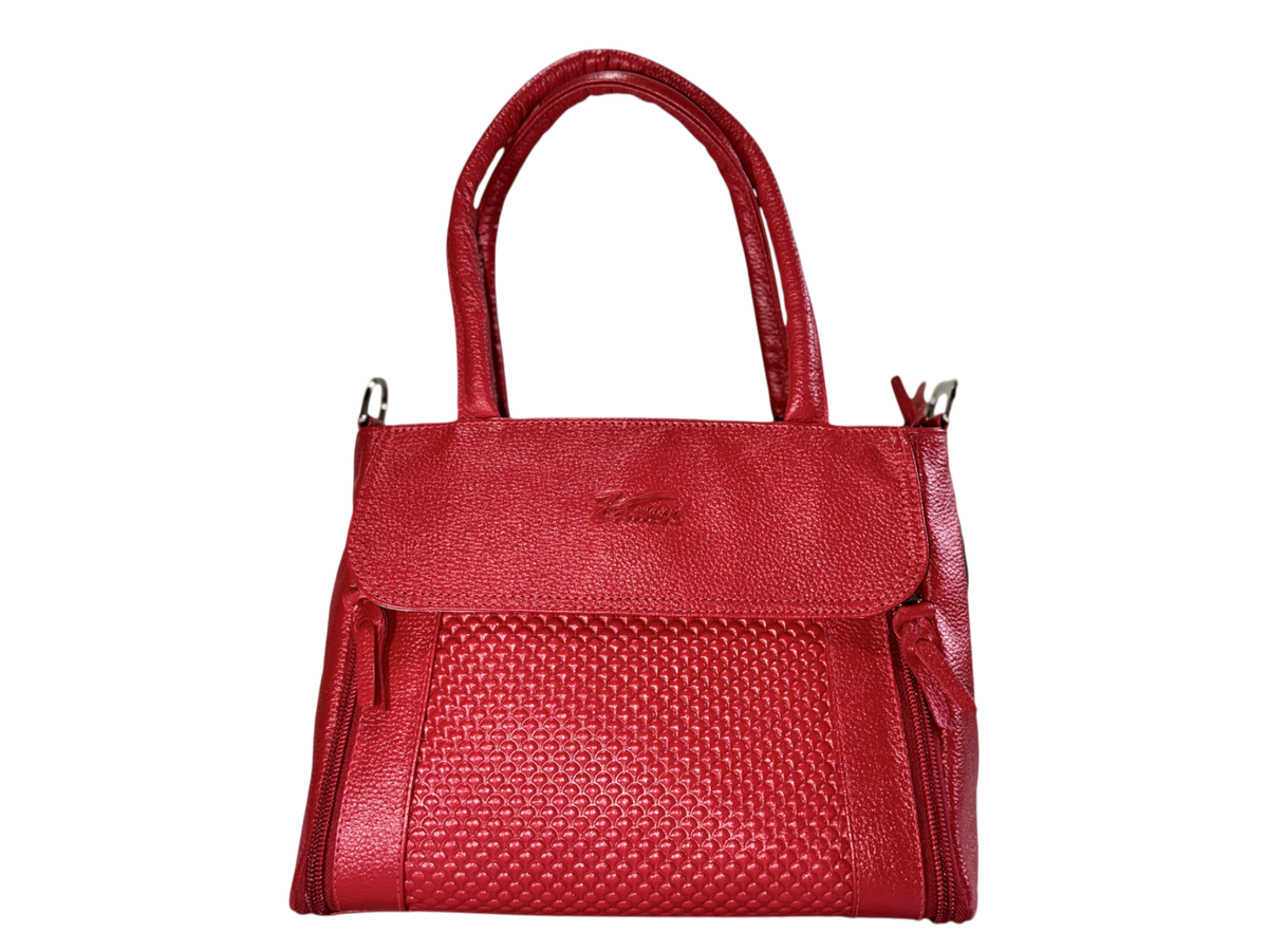 Bolso de cuero natural dama – Cognac - Rojo, con solapa y textura honeycomb