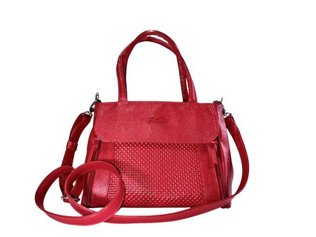 Bolso de cuero natural dama – Cognac - Rojo, con solapa y textura honeycomb