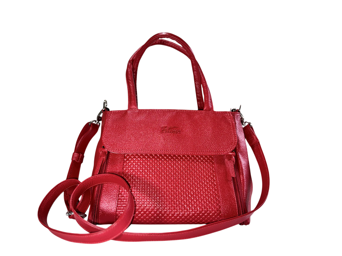 Bolso de cuero natural dama – Cognac - Rojo, con solapa y textura honeycomb