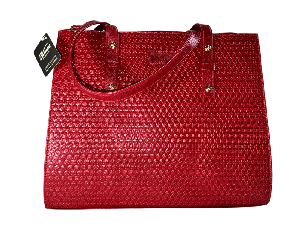 Bolso tote de cuero natural – Rojo con textura geométrica