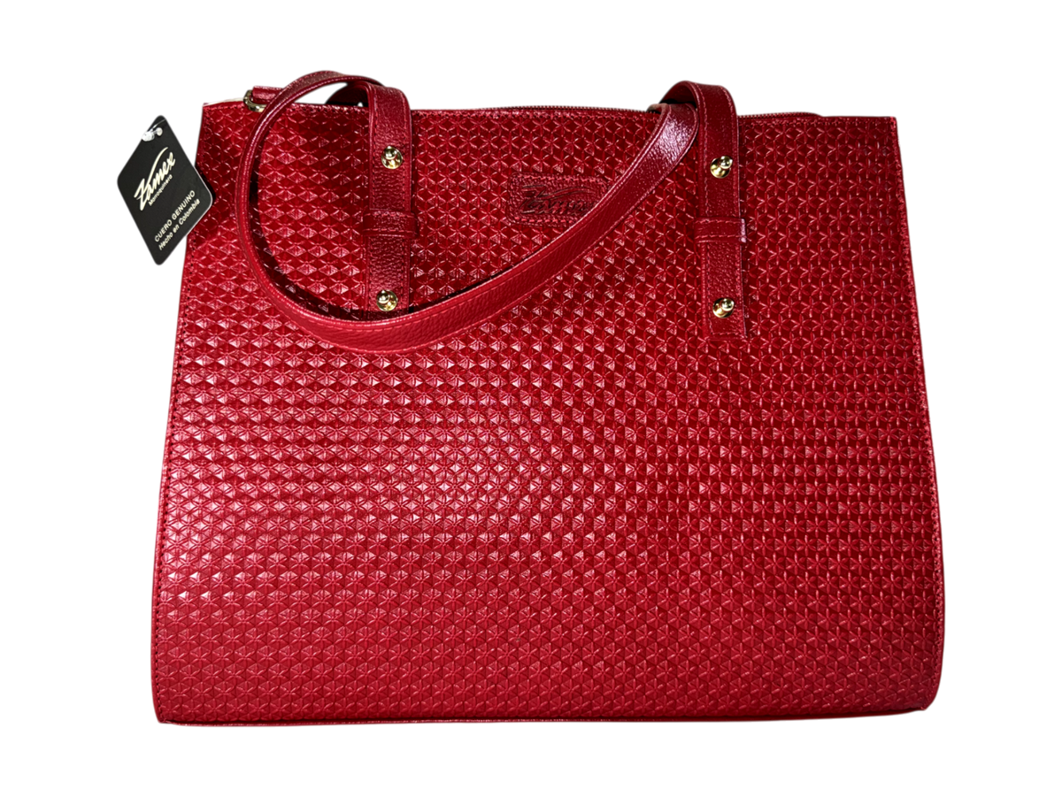 Bolso tote de cuero natural – Rojo con textura geométrica