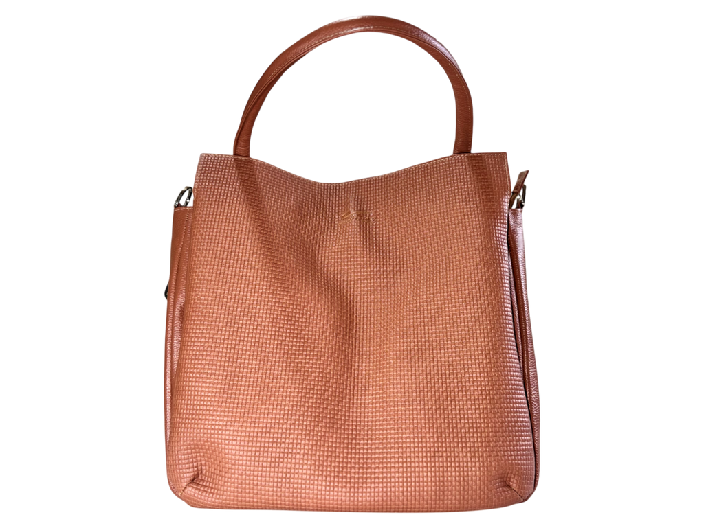 Bolso tote de cuero natural – cognac con textura grid