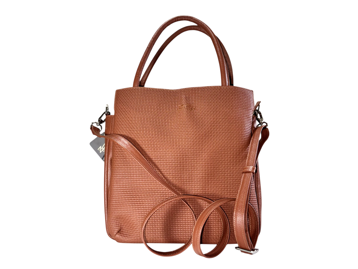 Bolso tote de cuero natural – cognac con textura grid