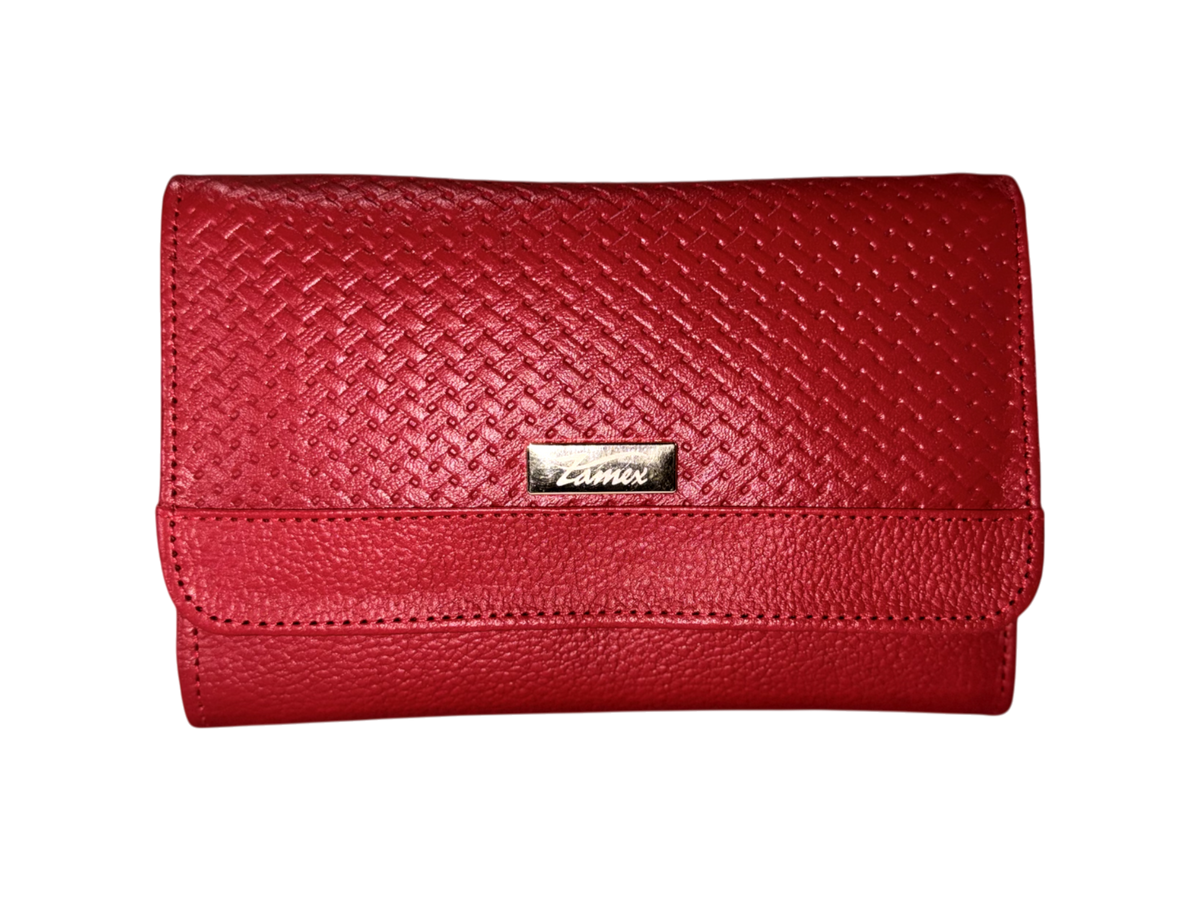 Billetera dama de cuero natural – Roja con textura trenzada