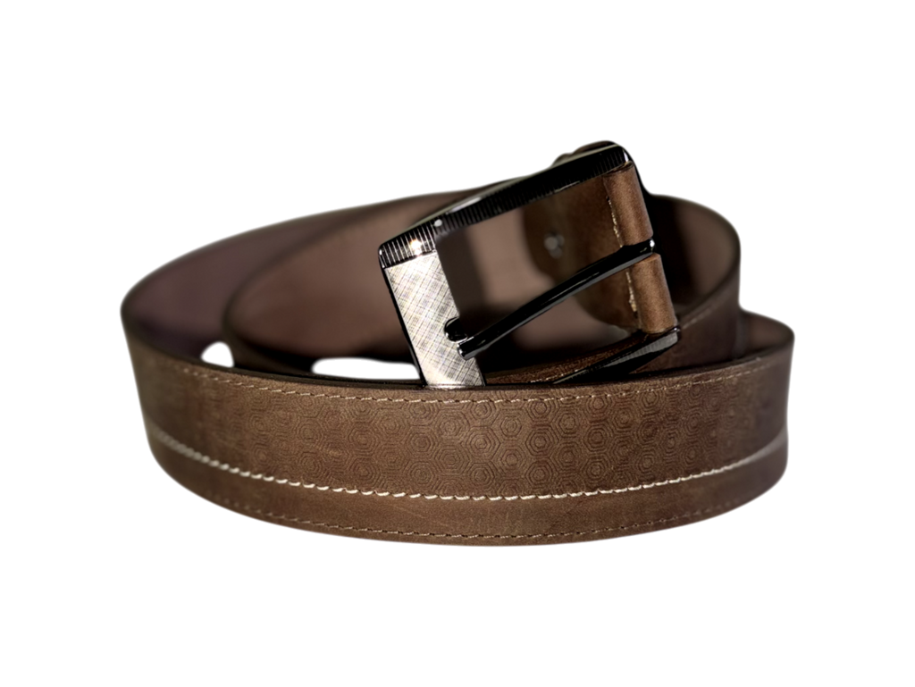 Cinturón hombre de cuero natural – Café con textura hexagonal