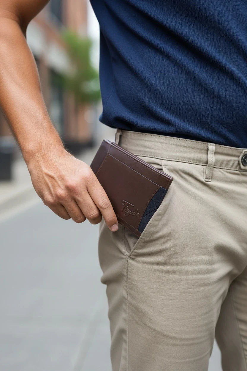 Billetera bifold Moncayo Store de cuero natural café con logo Figoz, siendo guardada en el bolsillo de un pantalón.