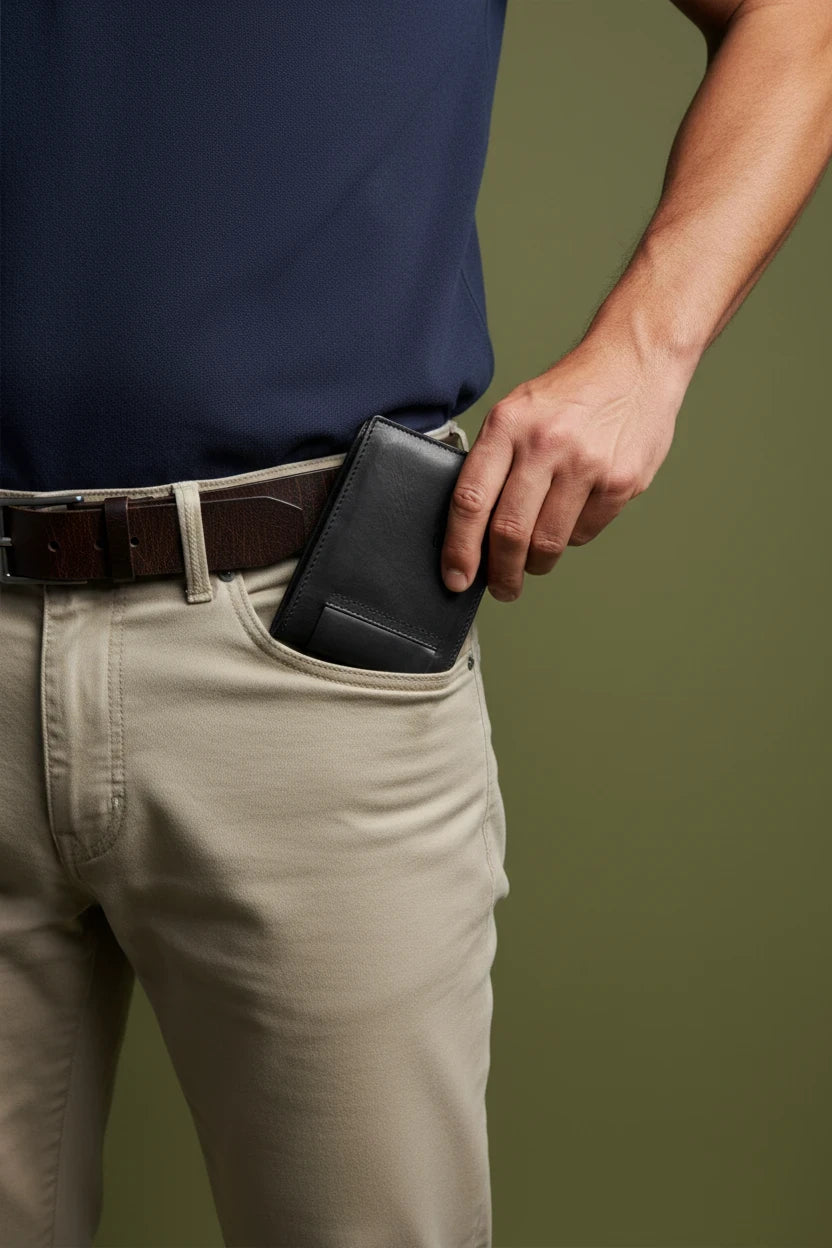 Billetera bifold Moncayo Store de cuero natural negro con tarjetero externo, guardada en el bolsillo de un pantalón.