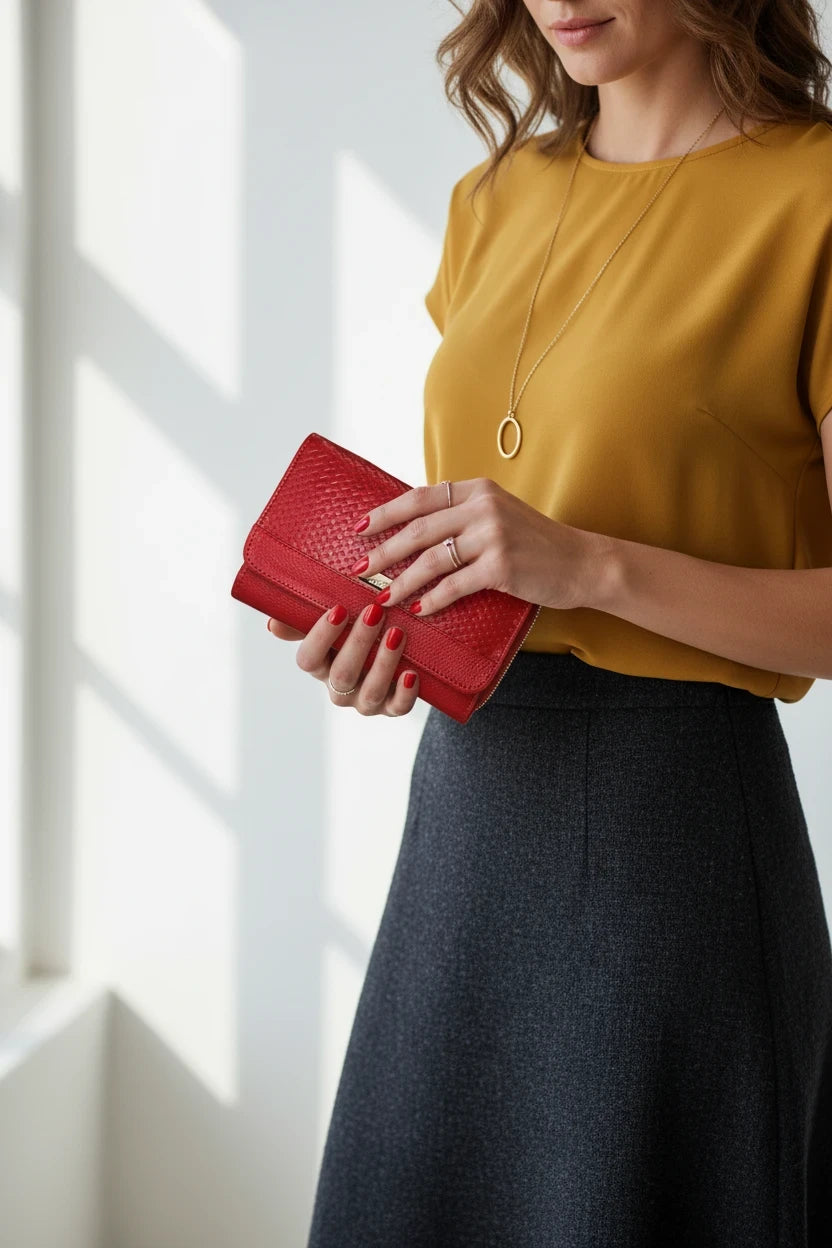 Billetera Moncayo Store de cuero rojo con textura trenzada y cierre de broche sostenida por una mujer