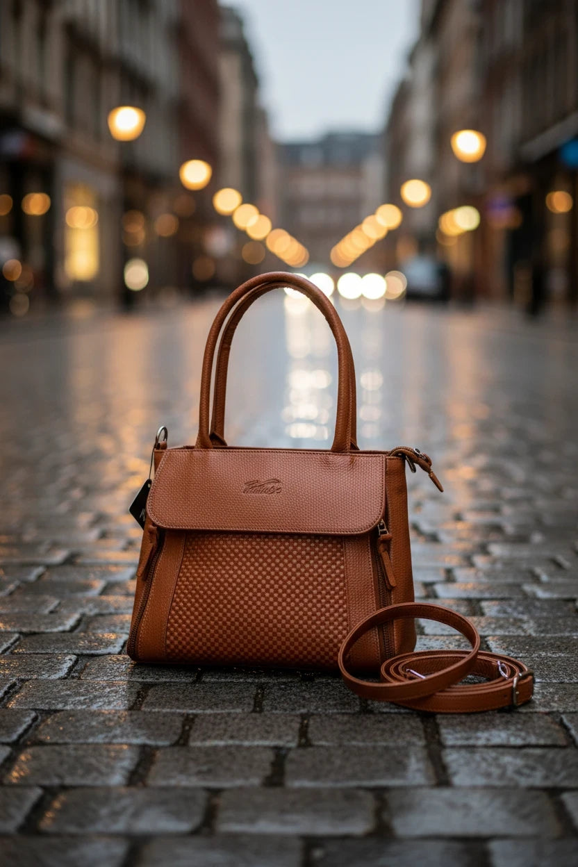 Bolso Moncayo Store de cuero natural color cognac con textura honeycomb y solapa en una calle urbana al atardecer.