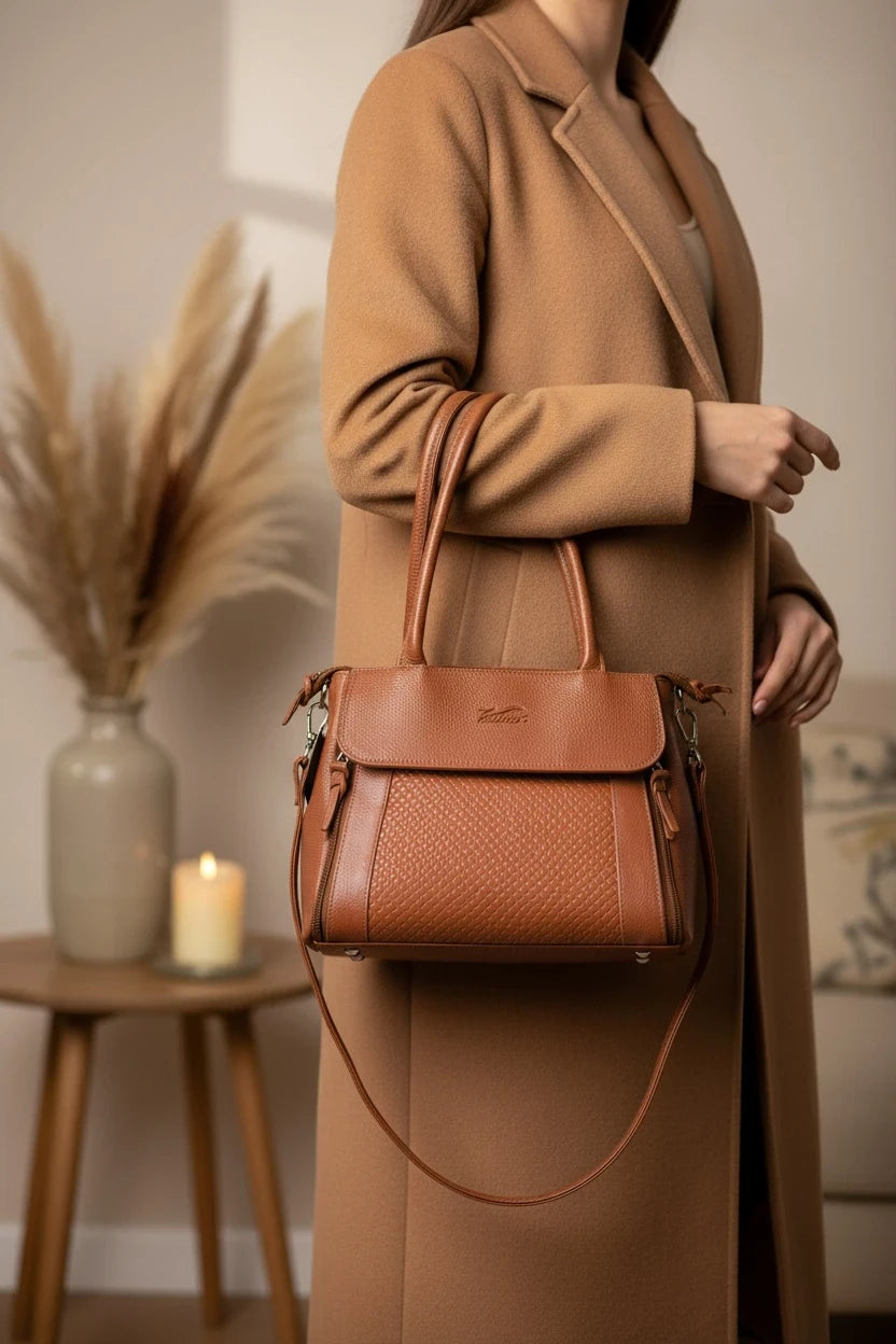 Bolso Moncayo Store de cuero natural color cognac con solapa y panel frontal texturizado tipo honeycomb