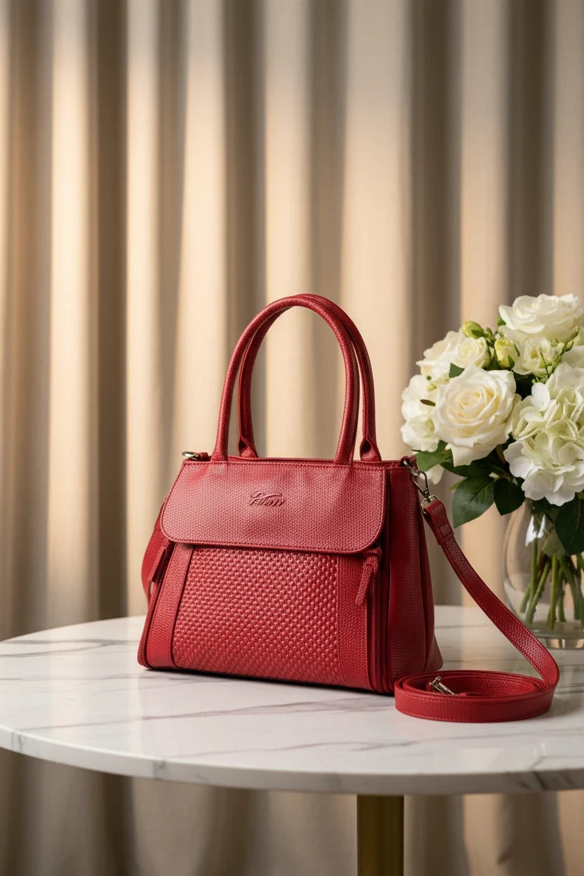 Bolso Moncayo Store de cuero natural rojo con solapa y panel frontal texturizado tipo panal sobre mesa blanca