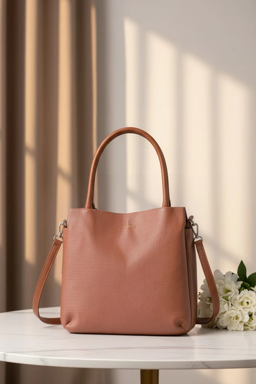 Bolso tote Moncayo Store de cuero natural color cognac con textura grid y herrajes plateados sobre mesa blanca