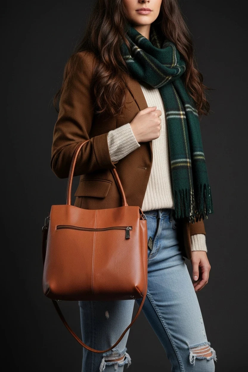 Bolso tote Moncayo Store de cuero natural color cognac con textura grid y herrajes plateados llevado al hombro