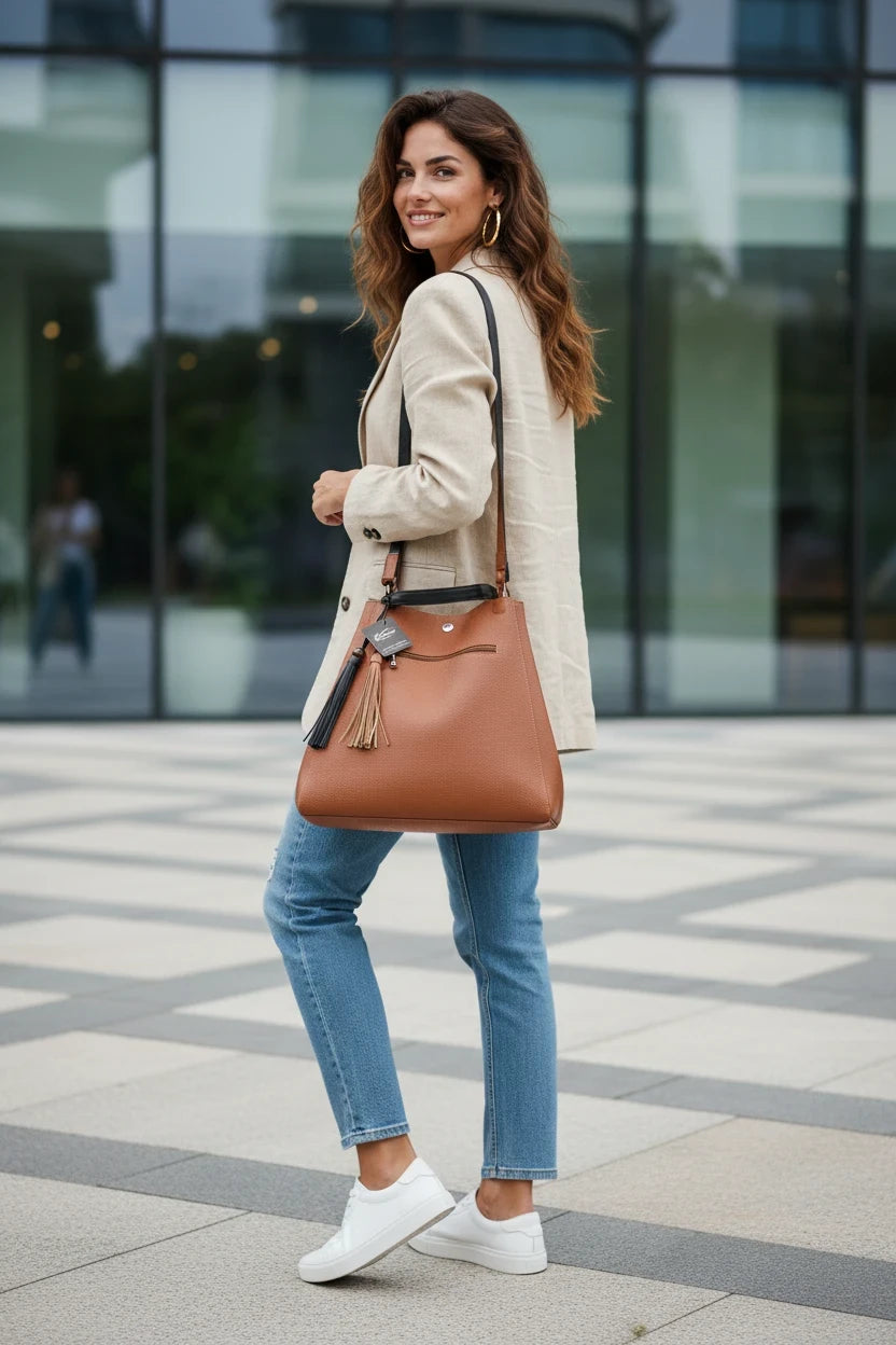 Mujer con bolso tote reversible Moncayo Store color cognac de cuero natural con flecos y asas al hombro en la ciudad