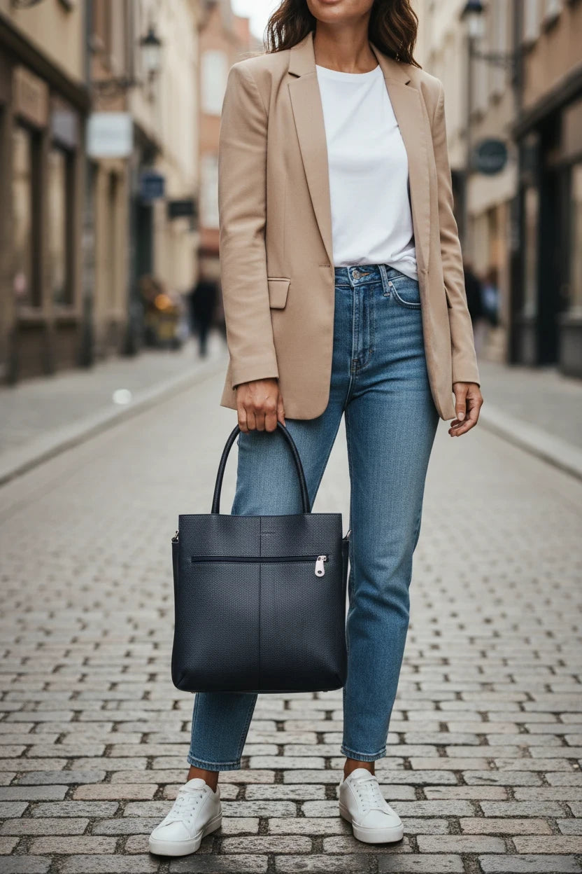 Bolso tote Moncayo Store de cuero negro con textura grid y herrajes plateados, sostenido por una mujer en la calle.