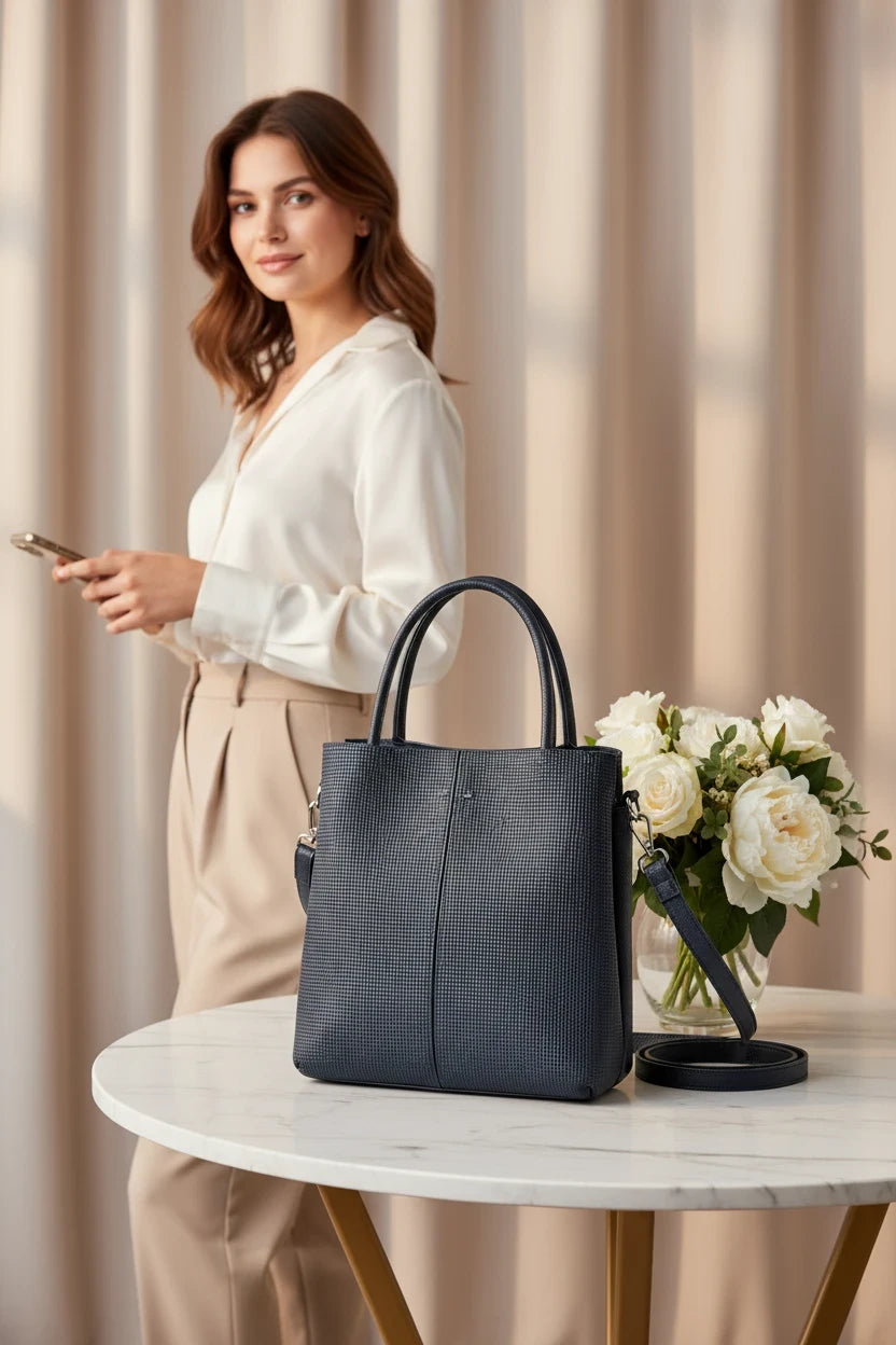Bolso tote Moncayo Store de cuero negro mate con textura grid, asas superiores y correa desmontable sobre mesa.