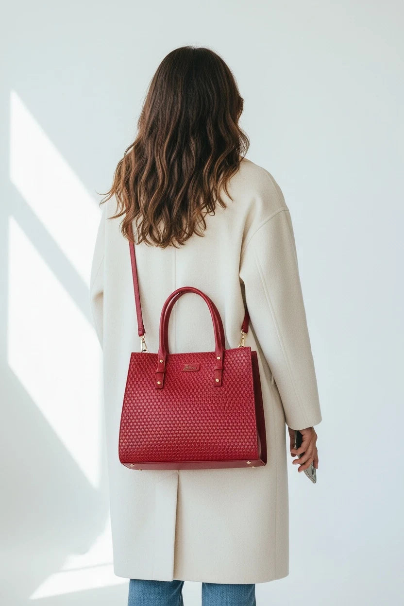 Bolso tote Moncayo Store de cuero rojo con textura geométrica, herrajes dorados y correa larga sobre abrigo beige
