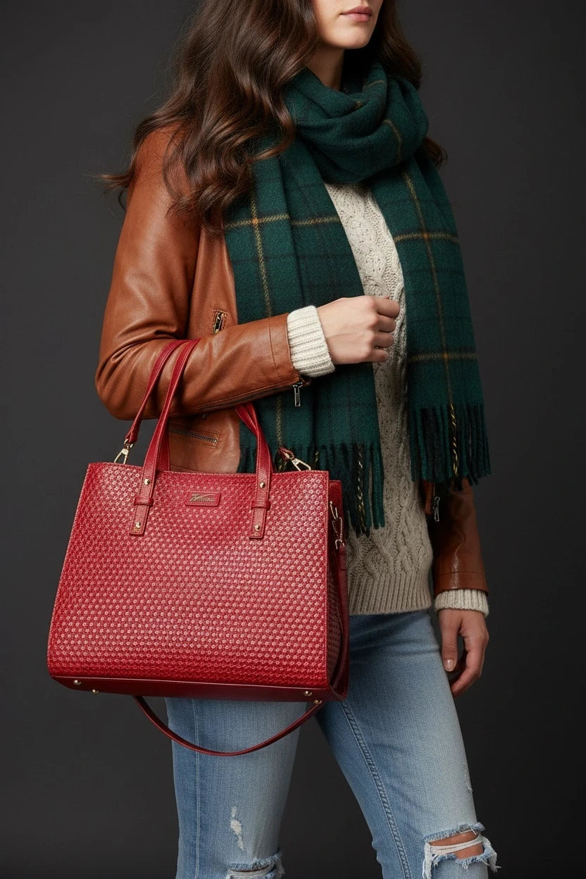 Bolso tote rojo Moncayo Store de cuero con textura geométrica y herrajes dorados llevado al hombro por una modelo