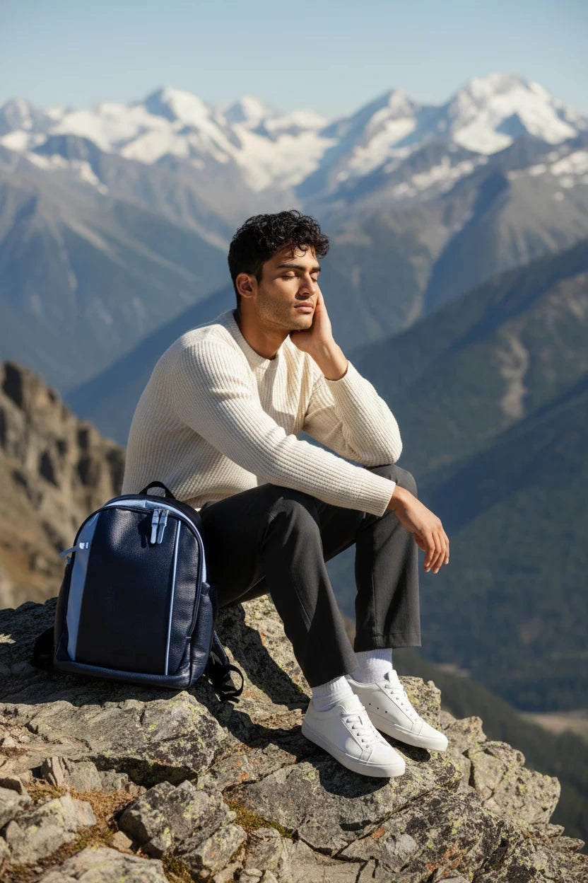 Hombre sentado en una montaña con mochila Moncayo Store de cuero navy y detalles azul cielo, estilo casual y urbano.